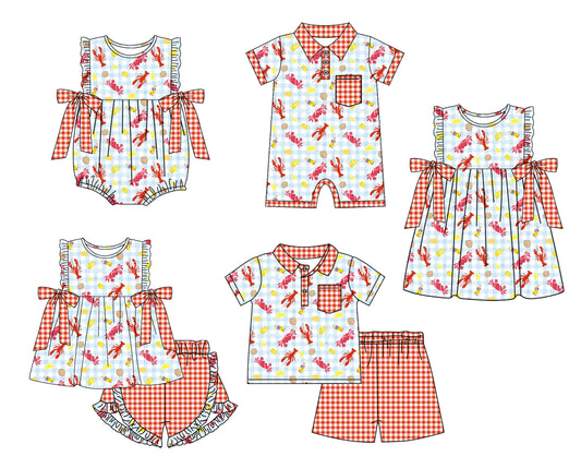 11.29 custom each style moq 5eta 4-6week Sibling Sister crayfish baby girl short sleeve shorts sets and sets 2 and girls romper and boy romper and dress match design