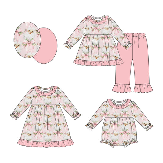 25.8.19 custom each style moq 5eta 4-6week Sibling Sisters Christmas bow baby girl long sleeve pants sets and dress and rompers match family design