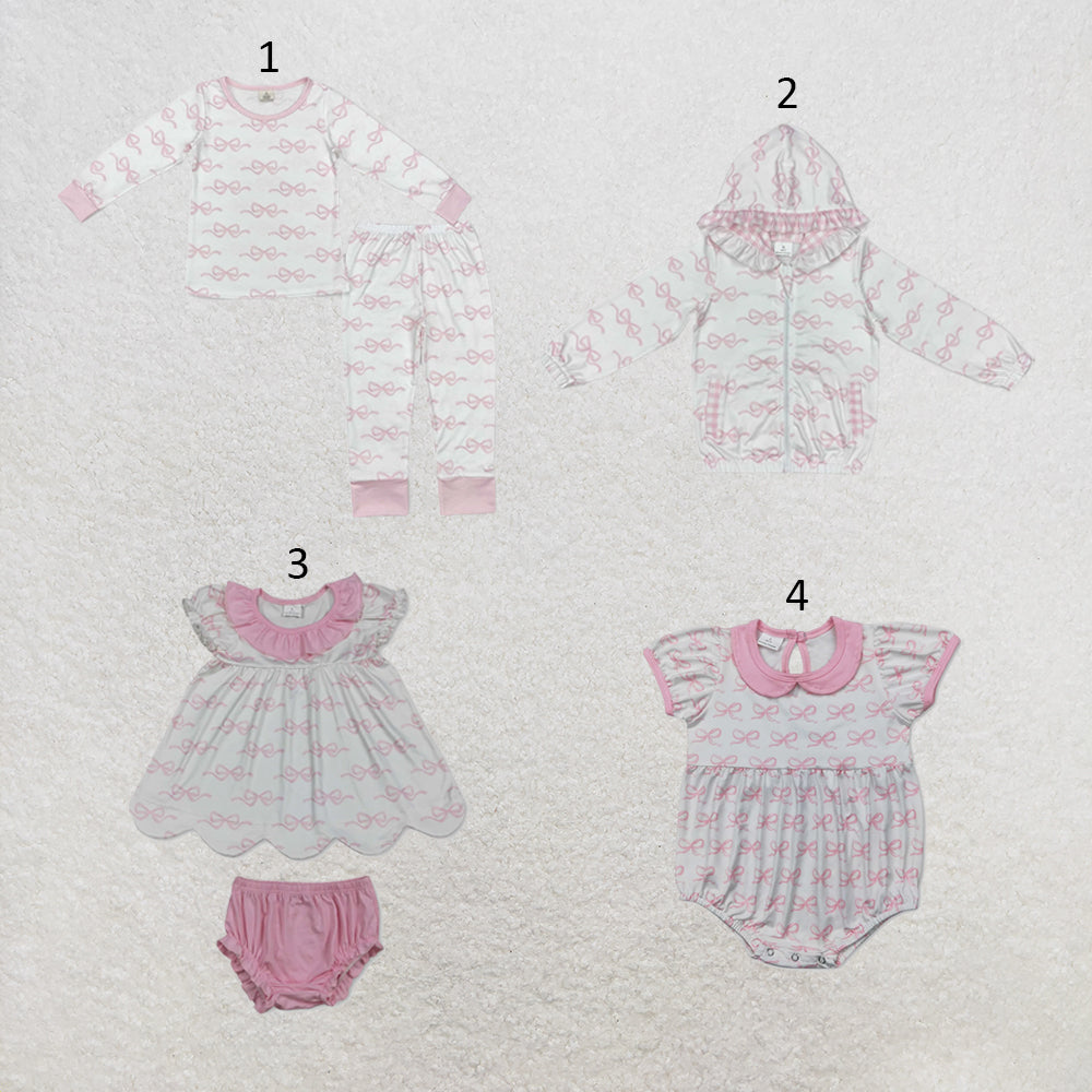 RTS NO MOQ Sibling milk silk Baby Girls Pink Bow Print Pajamas Clothes Sets Tunic Bummies Clothes Sets Tops Jackets Cardigans Rompers