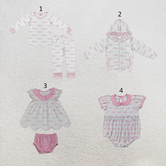 RTS NO MOQ Sibling milk silk Baby Girls Pink Bow Print Pajamas Clothes Sets Tunic Bummies Clothes Sets Tops Jackets Cardigans Rompers
