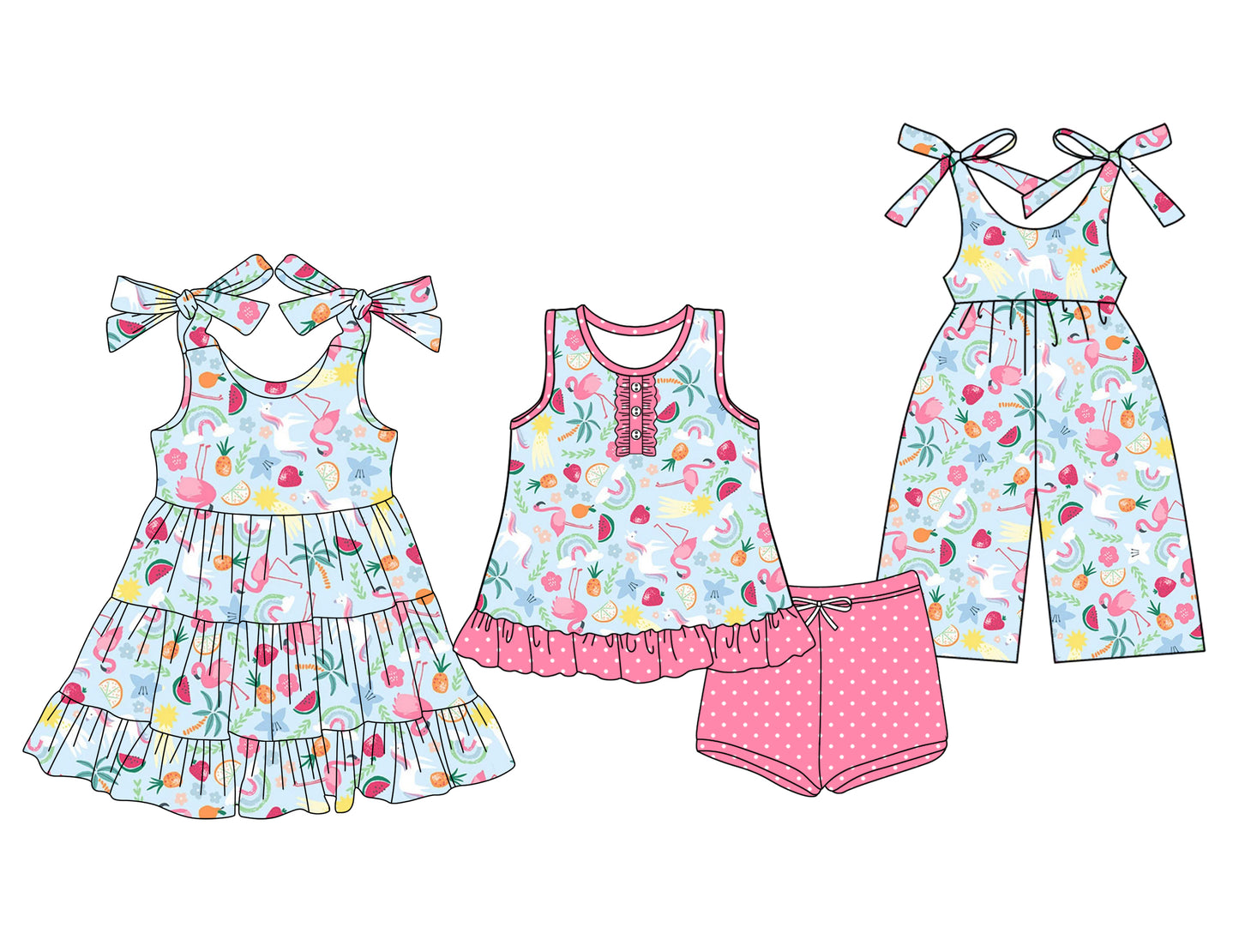 3.14 custom each style moq 5eta 4-6week Sibling Sister fruit baby girl short sleeve shorts sets and dresses and jumpsuit match design