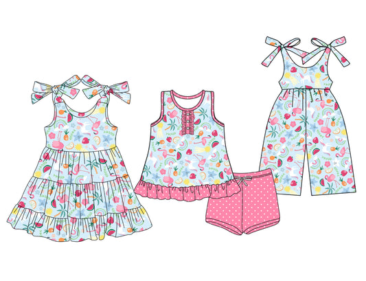 3.14 custom each style moq 5eta 4-6week Sibling Sister fruit baby girl short sleeve shorts sets and dresses and jumpsuit match design