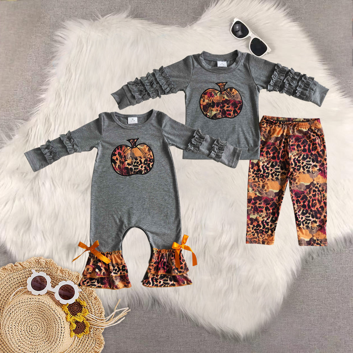 RTS NO MOQ Sibling baby girls clothes embroidery pumpkin long-sleeved trousers suit & romper