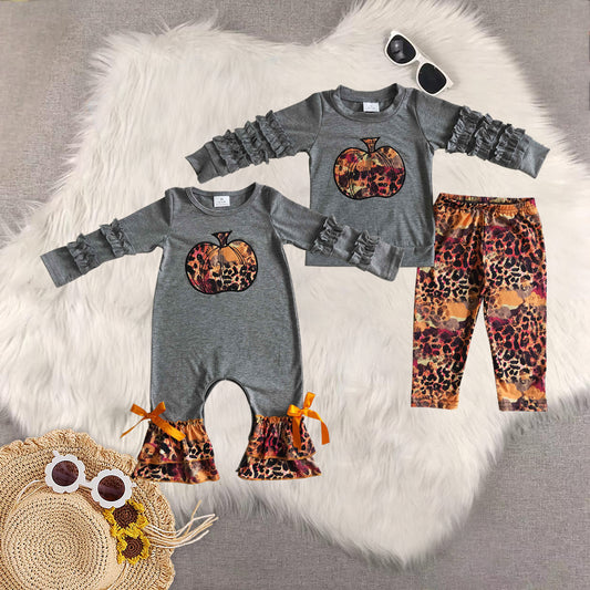 RTS NO MOQ Sibling baby girls clothes embroidery pumpkin long-sleeved trousers suit & romper