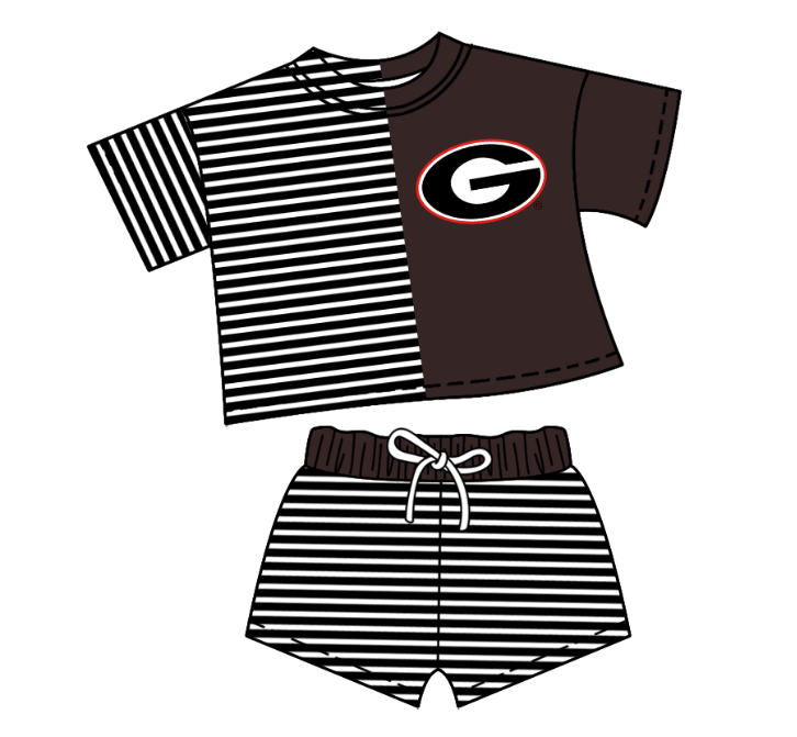 Custom moq 5 mix size milk silk summer teams Children's black Striped Outfit Set Short-Sleeved Crew Neck Top And Drawstring Shorts for Kids