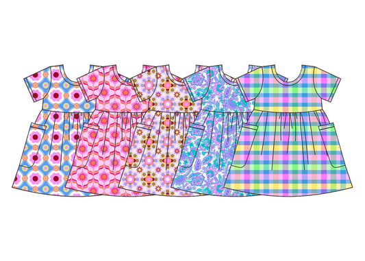 3.28  Custom moq 5 mix size Sibling Baby Girl Short-Sleeved Dress with Pockets Cute And Fashionable Clothing for Little Girls