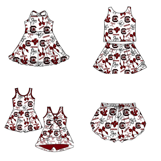 Custom moq 5 mix size milk silk summer teams Baby Girls Red  Bow Vest Top Skirt Shorts Sets Sleeveless Yoga Knee Length Dresses Yoga Shorts