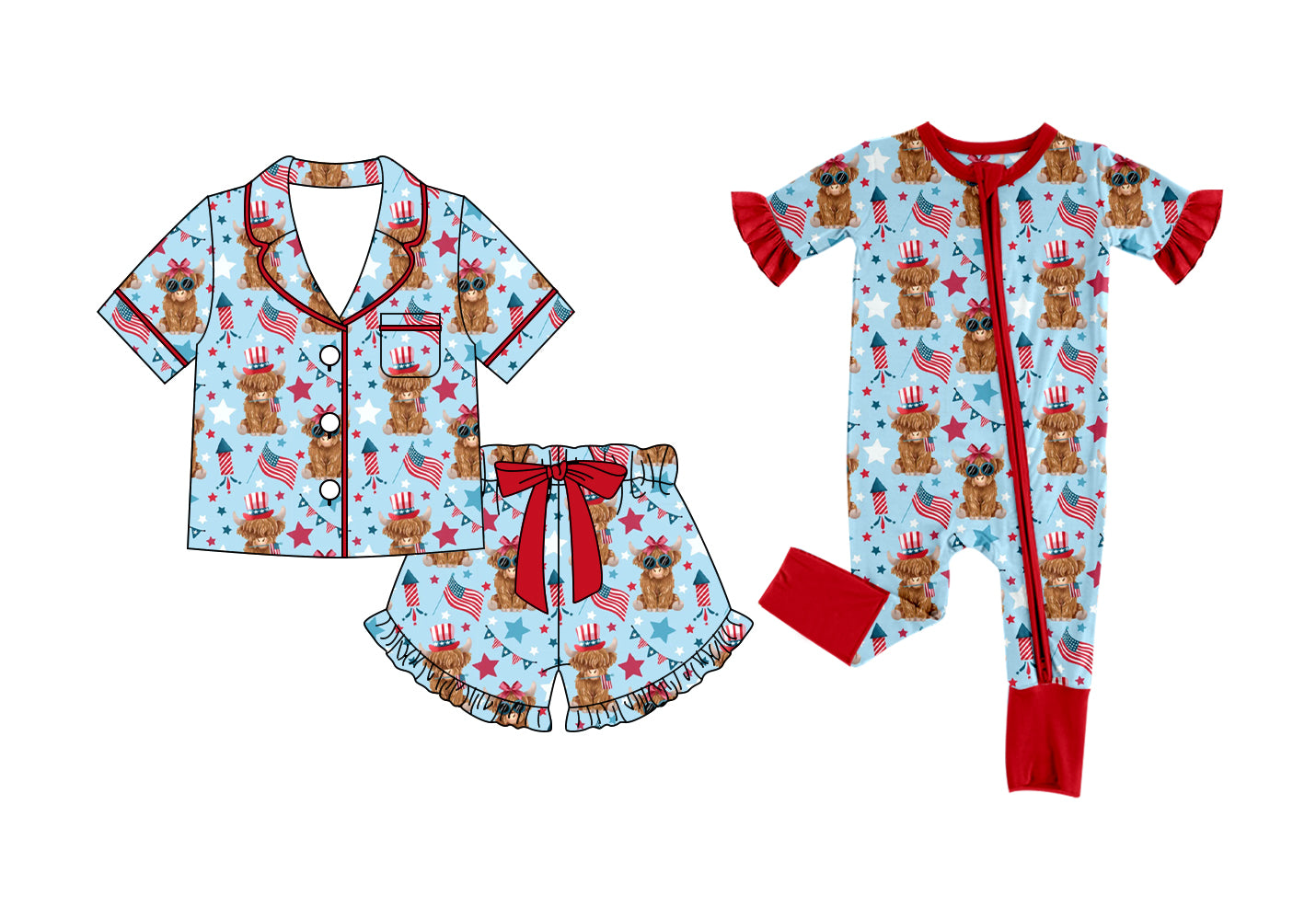 Custom moq 5 mix size Sibling Blue 4th of July Short-Sleeved Pajamas And Shorts Set Romper for Baby Girls Comfortable Sleepwear
