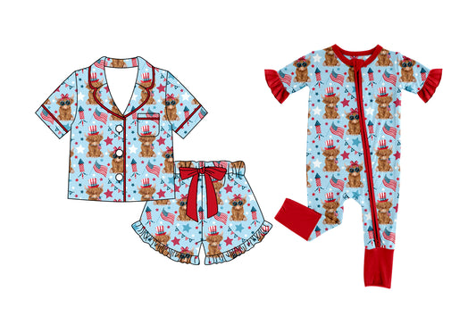 Custom moq 5 mix size Sibling Blue 4th of July Short-Sleeved Pajamas And Shorts Set Romper for Baby Girls Comfortable Sleepwear