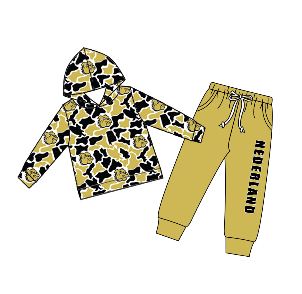 Custom moq 5 mix size teams Baby Boy Casual Camo Hooded Top Drawstring Pants Set with Pockets