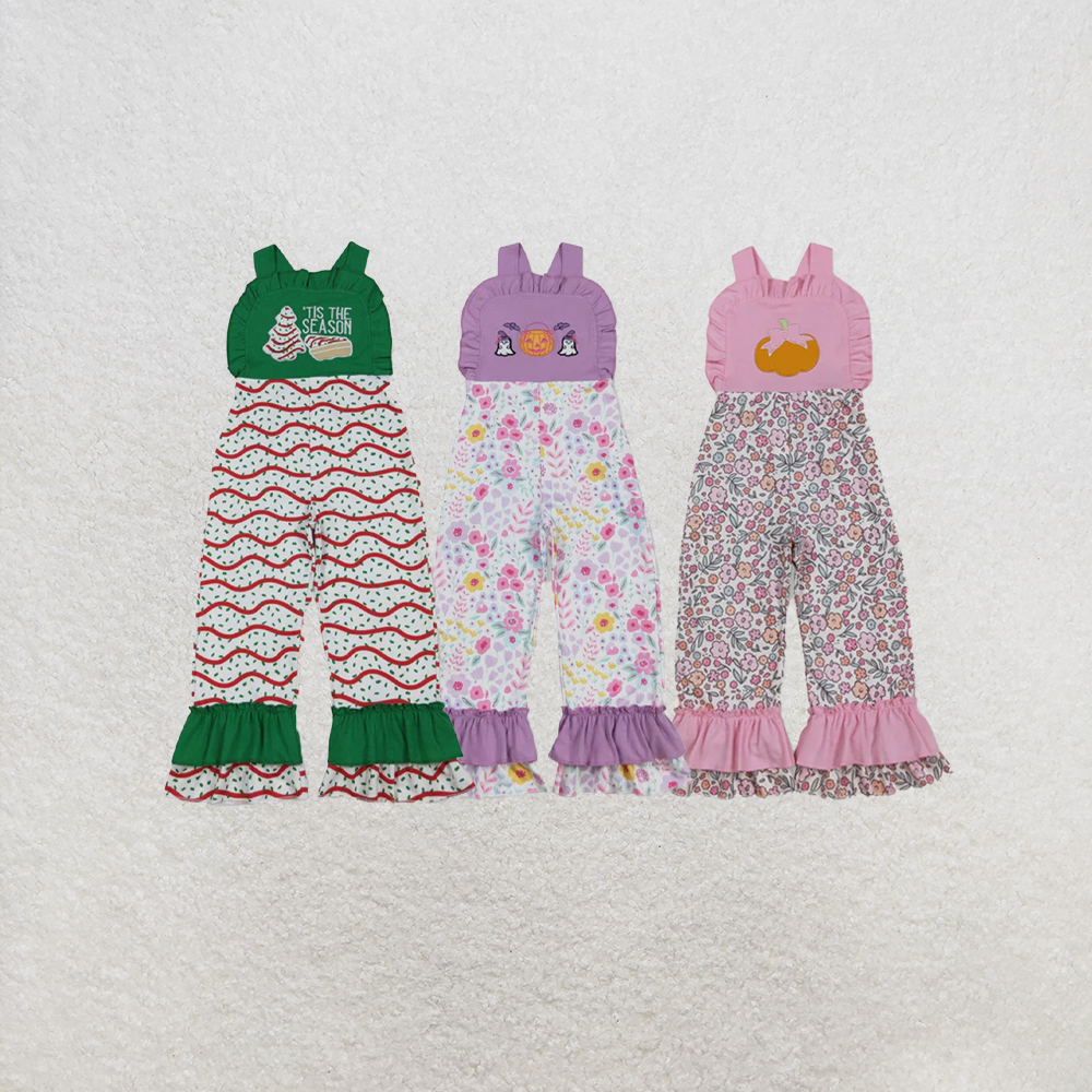 RTS NO MOQ Sibling Baby Girls Embroidery Stripe Trees Tunic Ruffle Pants Christmas Clothes Sets Jumpsuits