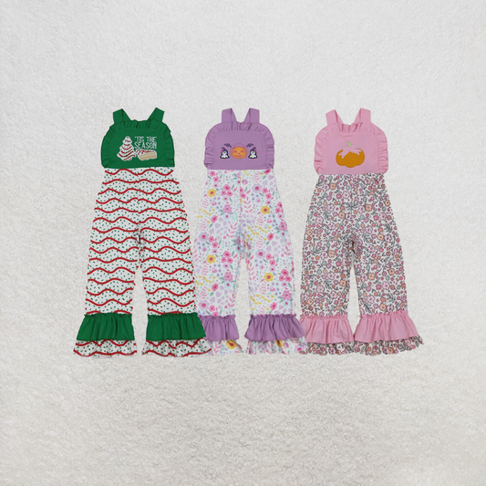 RTS NO MOQ Sibling Baby Girls Embroidery Stripe Trees Tunic Ruffle Pants Christmas Clothes Sets Jumpsuits