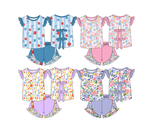 3.25 Custom moq 5 mix size Sibling Baby Girl's Colorful Flowers Top And Shorts Set Cute Casual Outfit