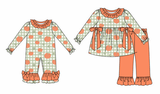 25.6.30 custom each style moq 5eta 4-6week Sibling Sisters pumpkin baby girl long sleeve pants sets and rompers match family design