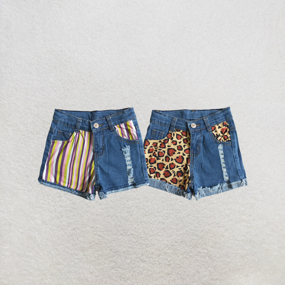 RTS NO MOQ Sibling Baby Girls half stripe blue denim shorts