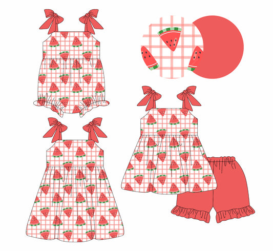 26.1.9 custom each style moq 5 eta 6-8week Sibling Sister watermelon baby short sleeve shorts sets and romper and dress match design