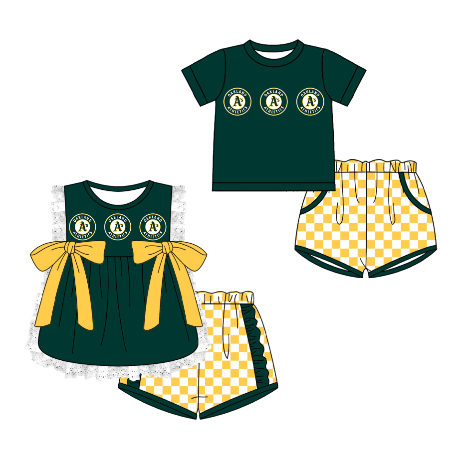 Custom moq 5 mix size milk silk summer teams Green Girl Sleeveless Top And Plaid Shorts Set with Bow Boy Short Sleeved Top And Plaid Shorts Set