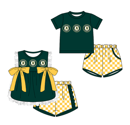 Custom moq 5 mix size milk silk summer teams Green Girl Sleeveless Top And Plaid Shorts Set with Bow Boy Short Sleeved Top And Plaid Shorts Set