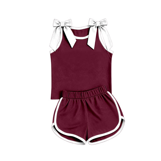 custom moq 5 mix size Baby Girls White Bow Dark Red Sleeveless Top Shorts Clothes Set