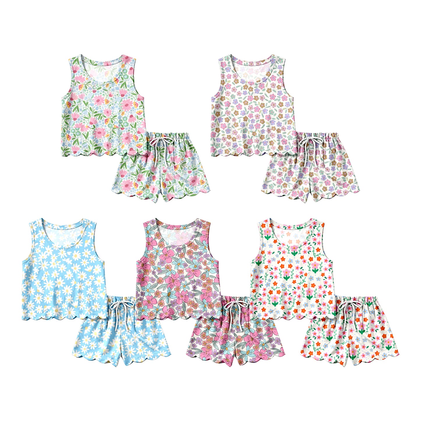 4.11 Custom moq 5 mix size Sibling Baby Girl's Colorful Flowers Sleeveless Top Scallop shorts  Set Cute Casual Outfit