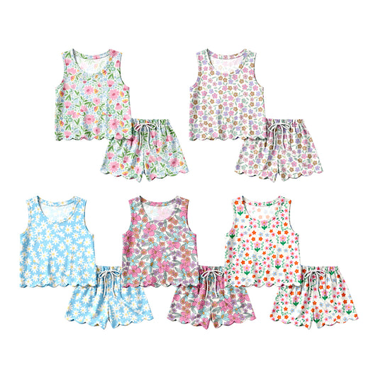 4.11 Custom moq 5 mix size Sibling Baby Girl's Colorful Flowers Sleeveless Top Scallop shorts  Set Cute Casual Outfit
