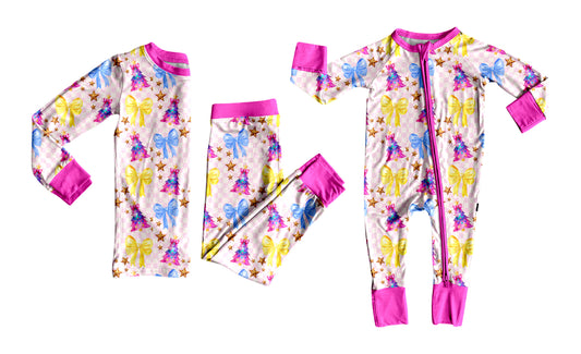 25.9.2 custom each style moq 5eta 4-6week Sibling Sisters Christmas trees bow baby girl clothes long sleeve pants sets and romper match family design