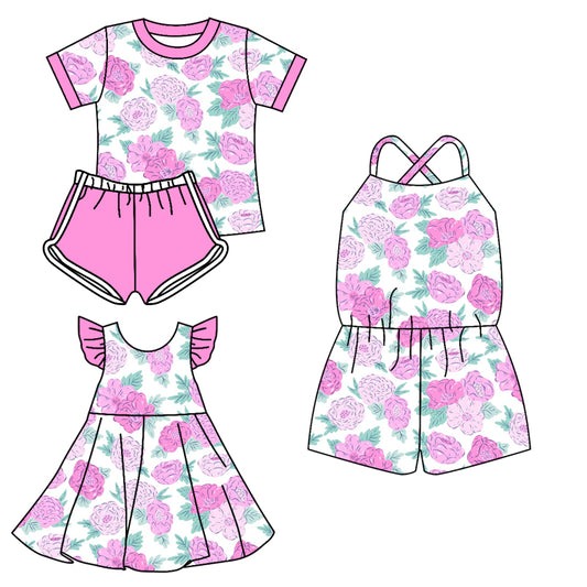 3.13 custom each style moq 5eta 4-6week Sibling Sister floral baby girl short sleeve shorts sets and dresses and jumpsuit match design