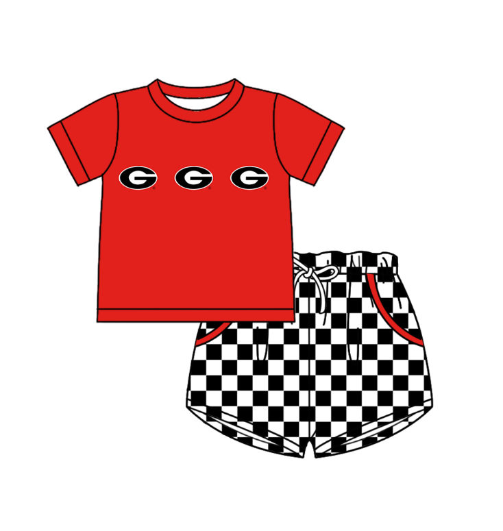 Custom moq 5 mix size milk silk summer teams Boy's Short-Sleeved Shirt Black Plaid Shorts Set Girl's Two Short-Sleeved Outfits with Matching Swimsuits Adult Shorts