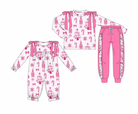 25.7.2 custom each style moq 5eta 4-6week Sibling Sisters Christmas bow pink baby girl long sleeve pants sets and rompers match family design