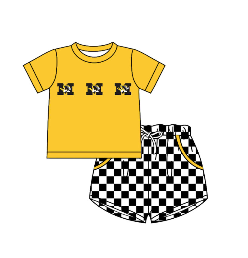 Custom moq 5 mix size milk silk summer teams Boy's Short Sleeved Yellow Top Plaid Shorts Set Girl's Short-Sleeved Set with Matching Swimsuits Adult Shorts