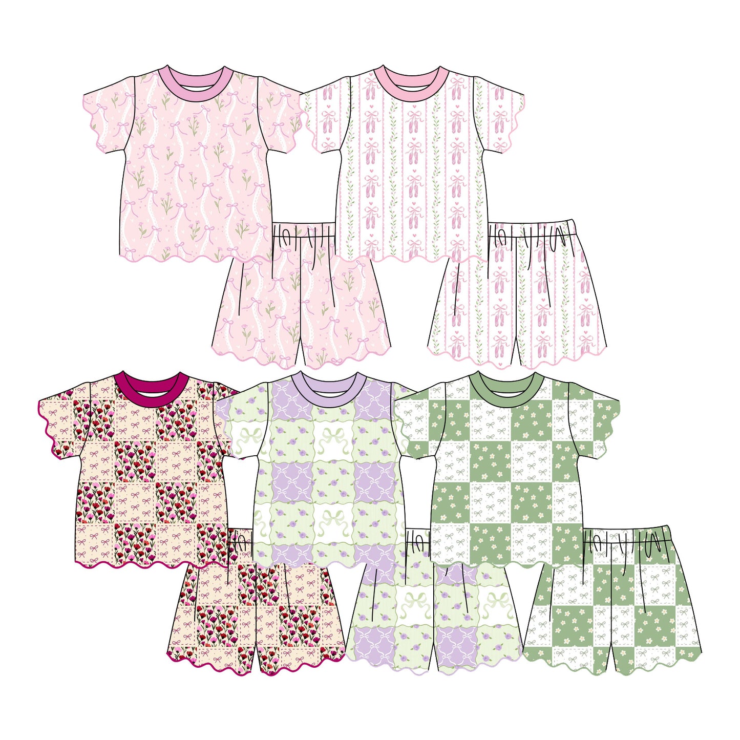 3.10 Custom moq 5 mix size Sibling Baby Girl Bow Print  Short-Sleeved Top And Shorts Set Summer Outfit