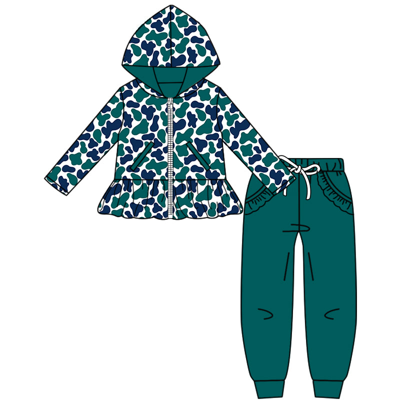 Custom moq 5 mix size milk silk summer teams baby girls clothes camouflage green hooded long sleeve pants sets 2 and boy pants sets and pant-25.8.9