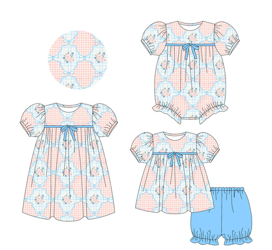 25.5.24 custom each style moq 5eta 4-6week Sibling Sisters bow floral baby girl short sleeve shorts sets and dress and rompers match family design