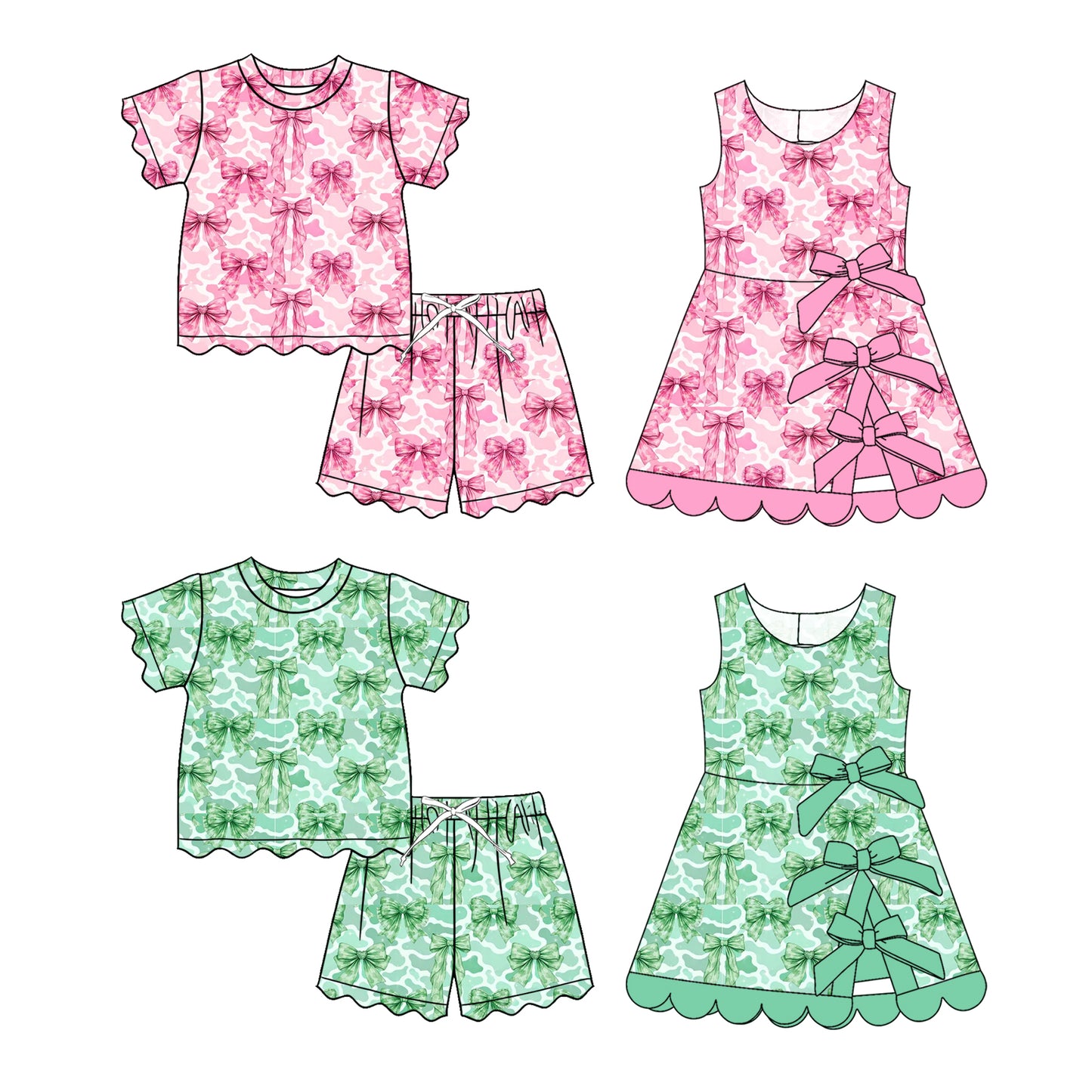 4.9 Custom moq 5 mix size Sibling Baby Girl's Bows Top Short Scallop Clothes Sets Yoga Active Scallop Short Knee Length Dress