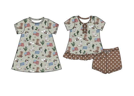 4.8 custom each style moq 5eta 4-6week Sibling Sister catcus boots baby girl short sleeve shorts sets and dresses match design