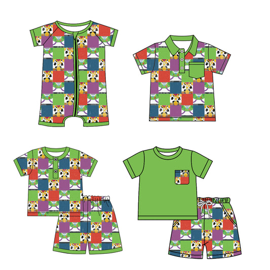 3.28 custom each style moq 5eta 4-6week Sibling Sister green baby girl sets 1 and sets 2 and boy rompers and top match family design