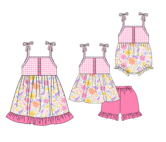 3.27 custom each style moq 5eta 4-6week Sibling Sisters floral baby girl short sleeve shorts sets and dress and rompers match family design
