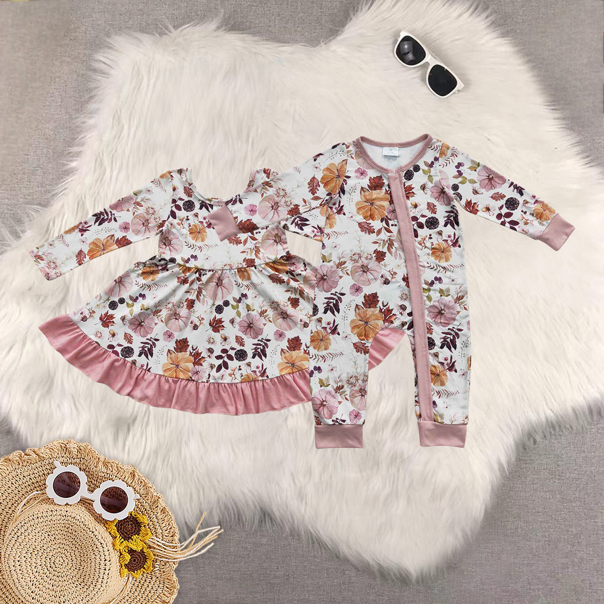 RTS NO MOQ Sibling baby girls clothes pumpkin long-sleeved romper & dress