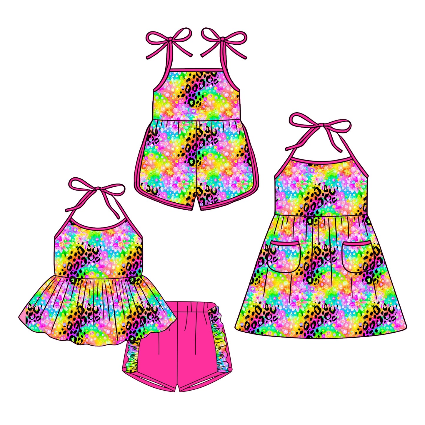 3.24  Custom moq 5 mix size Sibling Baby Girl's Leopard Strap Top And Short Set Cute Romper Dress Summer Outfit