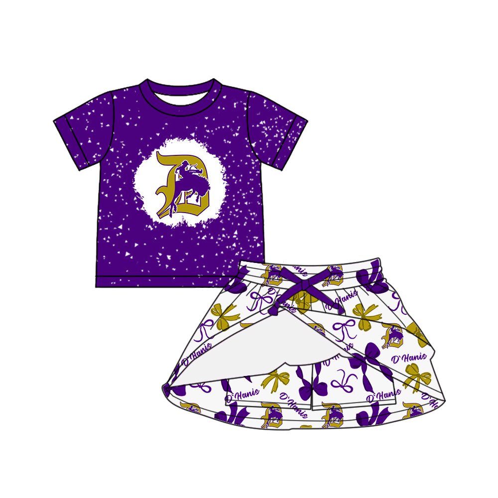 Custom moq 5 mix sizes summer teams baby girls clothes team purple short sleeve skirts shorts sets 1 and skirts sets 2 and and skirts sets 2 and dress 1 and dress 2 and dress 3 and dress 4-25.6.11