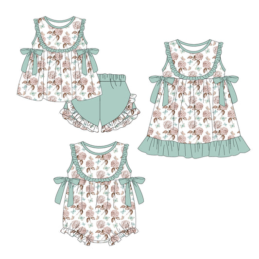 3.6 Custom moq 5 mix size Sibling Baby Girl's Floral Sleeveless Top With Bow And Ruffle Short Set Matching Romper Dress for Summer