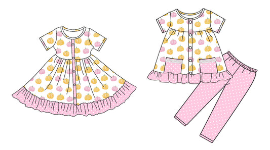 4.28 custom each style moq 5eta 4-6week Sibling Sister pumpkin baby girl pants sets and dress match family design