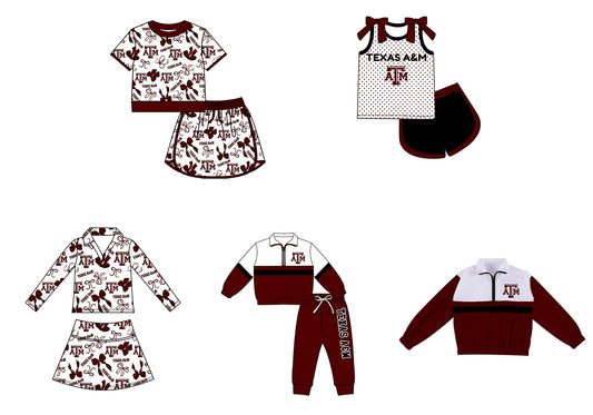 Custom moq 5 mix size summer teams Girls Dark Red Polka Dot Top Shorts Set Bows Top Skirt Short Set Zipper Pullover Pants Set