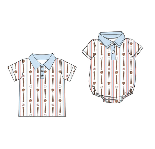 Custom moq 5 mix size Sibling Baby Boys Short-Sleeved Polo Shirt Striped Baseball Print Romper Outfit