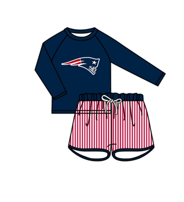 Custom moq 5 mix size milk silk summer teams Navy Blue baby girl boys clothes Two-Piece Swimsuit Set One Piece Swimsuits boy swim trunks