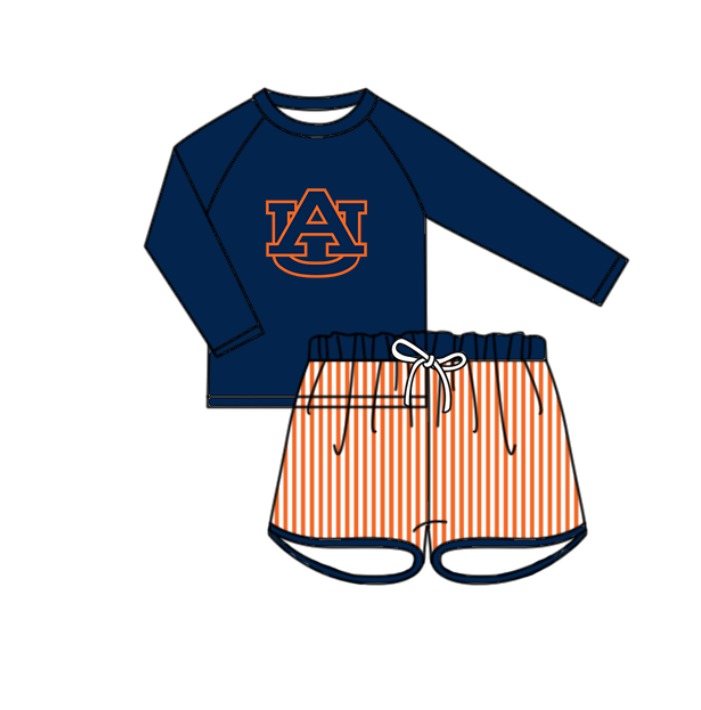 Custom moq 5 mix size milk silk summer teams baby girl boys clothes Navy Blue Two-Piece Swimsuit Set One Piece Swimsuits boy swim trunks