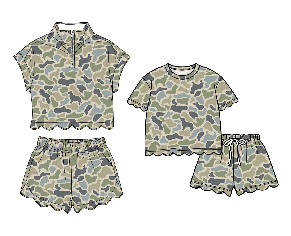 3.13 Custom moq 5 mix size Sibling Baby Girls Scallop Camo  Top And Shorts Outfit Set Cute Baby Girl Clothing Set