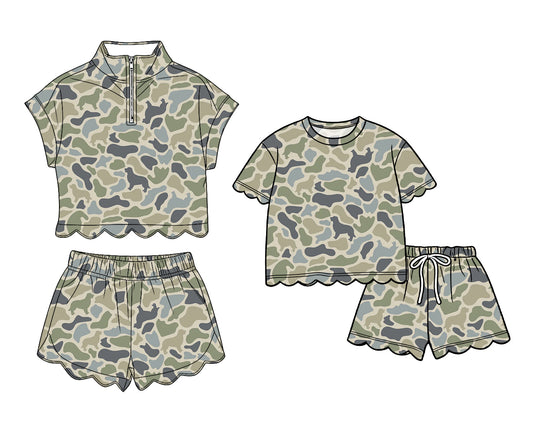 3.13 Custom moq 5 mix size Sibling Baby Girls Scallop Camo  Top And Shorts Outfit Set Cute Baby Girl Clothing Set