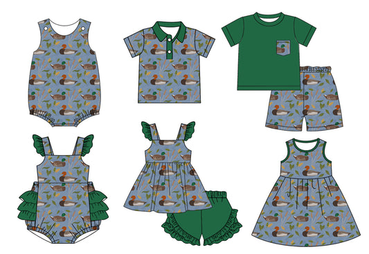 11.13 custom each style moq 5eta 4-6week Sibling Sister duck baby girl short sleeve shorts sets and sets 2 and girls romper and boy romper and dress and top match design