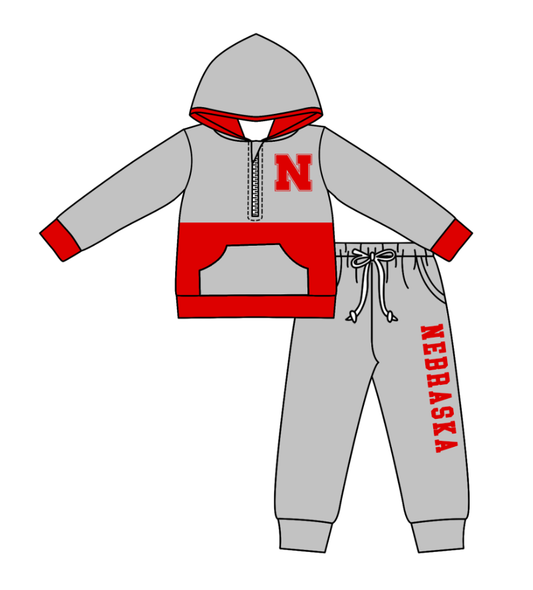 Custom moq 5 mix size eta 6-8weeks milk silk summer teams baby boy clothes gray red hooded long sleeve pants sets-25.10.27